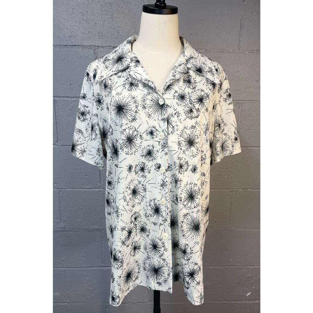 Vintage 1970s Polyester Disco Shirt Fireworks Novelty Print Black White Plus 2X